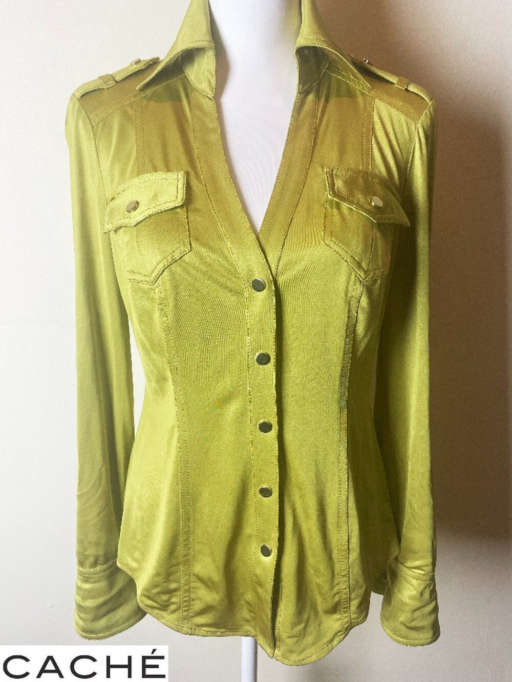 Cache Vintage Chartreuse LS Collared Blouse w/Metal Snap Buttons Size Small EUC